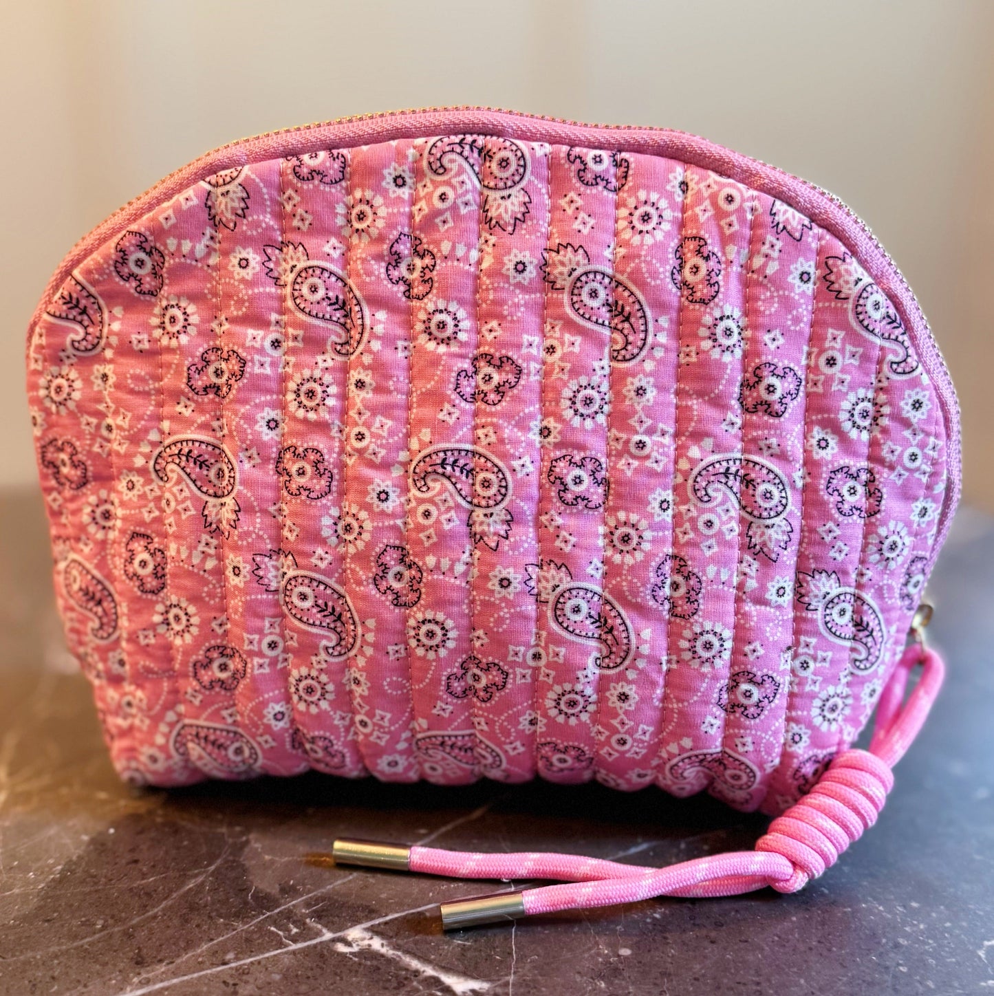 Quilted Paisley Cosmetic Case – Soft Curve Makeup Pouch in Pink, Blue, or Green Bandana Print
