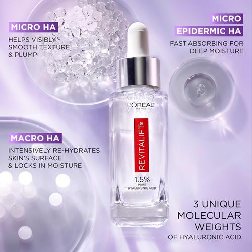 Loreal Paris Revitalift 1.5% Pure Hyaluronic Acid Face Serum, Hydrate & Reduce Wrinkles, Fragrance Free 1 Oz
